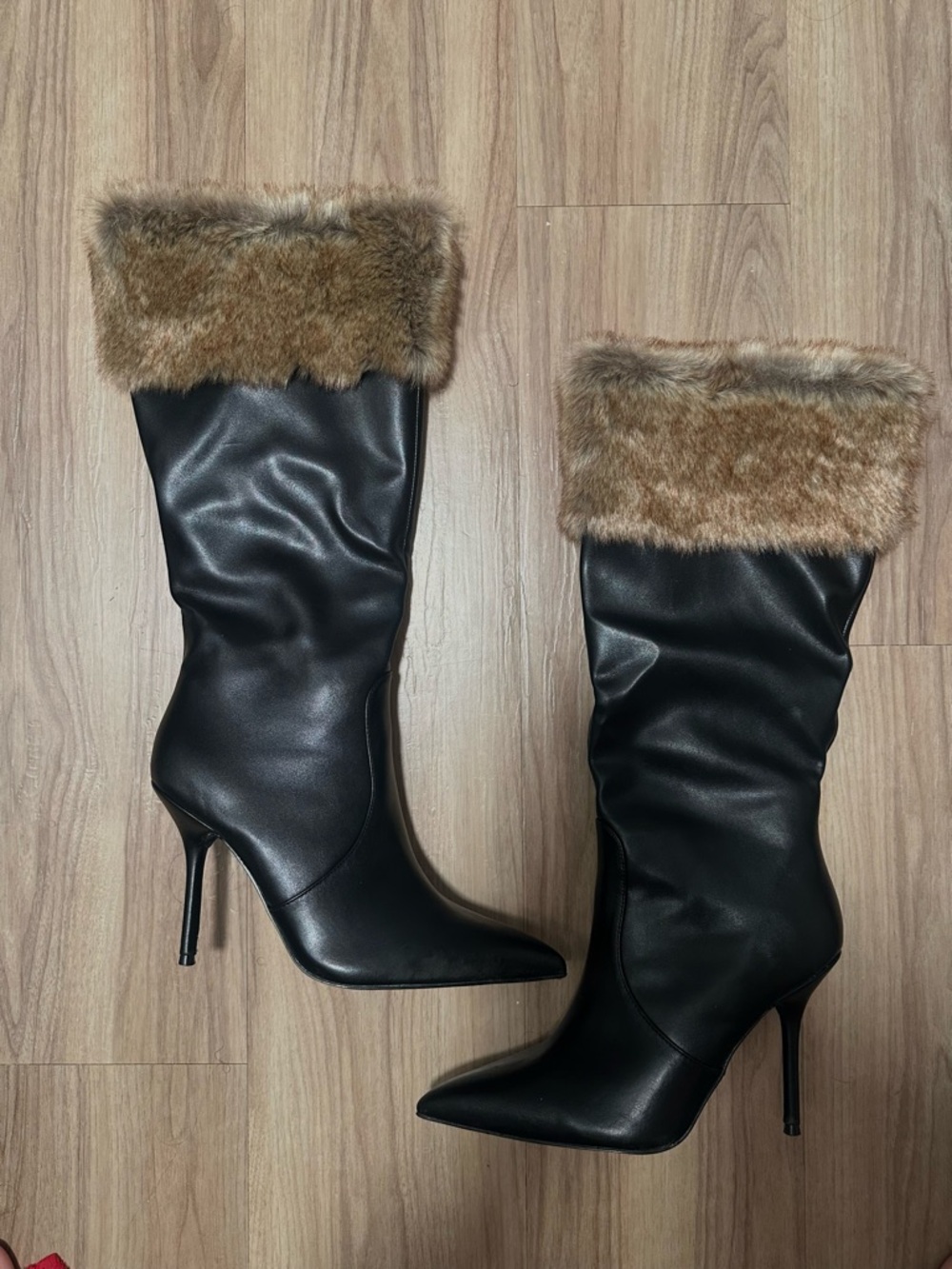 Women's Black Faux Leather Stiletto Boots with Brown Faux Fur Cuff - Size 8.5